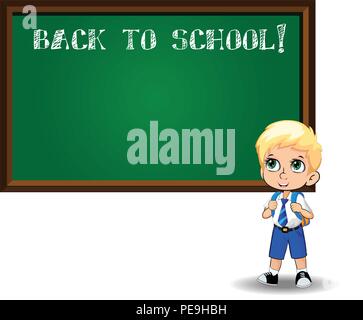 Ragazzo scuola nei pressi di lavagna con chalk iscrizione torna a scuola su sfondo bianco. Illustrazione Vettoriale