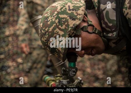 TANDUO BEACH, Malesia (nov. 10, 2015) un soldato malese guarda attraverso i siti di interesse di un M224A1 60 mm sistema di mortaio durante Malaysia-United membri Esercizio anfibio 2015. Durante MALUS AMPHEX 15, Marines con Kilo Company, Battaglione Team di atterraggio 3° Battaglione, 1° Reggimento Marine, xv Marine Expeditionary Unit e di Malaysian soldati di fanteria scambiate le funzionalità di armi e tattiche. Lo scopo dell'esercizio è stato quello di rafforzare la cooperazione militare nella pianificazione ed esecuzione di operazioni di anfibio malese tra forze armate e U.S. Marines. Xv MEU è attualmente implementato in t Foto Stock