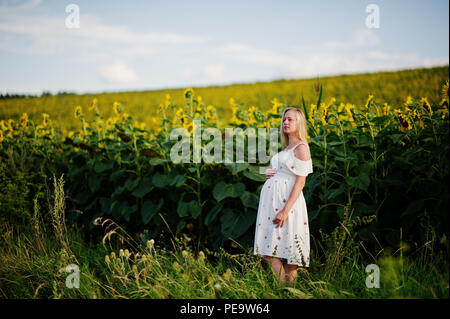 Bionda donna incinta nel campo di girasoli. Momenti felici di gravidanza. Foto Stock