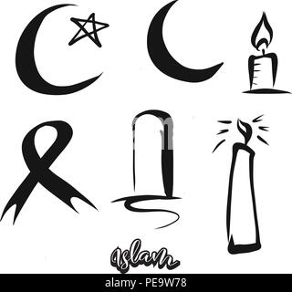 Set di disegnati a mano i simboli di Islam. Vari religiosi simboli storici dipinti a mano. Disegno vettoriale. Illustrazione Vettoriale