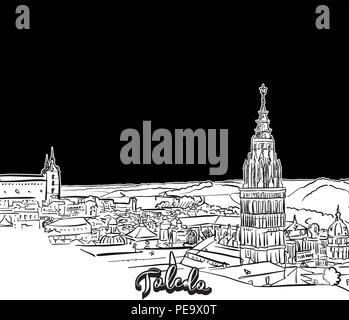 Lo skyline di Toledo, contorno. Vettore di disegno della skyline, contorno, Spagna. Bianco e nero illustrazione del concetto. Illustrazione Vettoriale