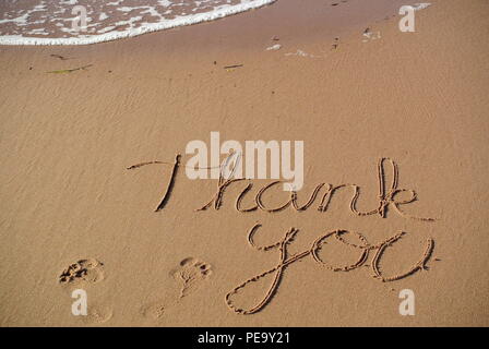 Un bellissimo messaggio di riconoscenza "grazie" scritta a mano in stile corsivo sulla sabbia rossa su una spiaggia con un'onda in arrivo, Prince Edward Island. Foto Stock