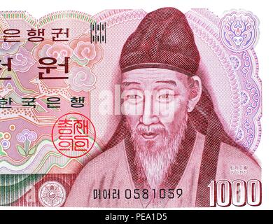 Dettagli su il sud coreano 1000 ha vinto la banconota che mostra il ritratto del cinquecento coreano studioso confuciano Yi Hwang Foto Stock