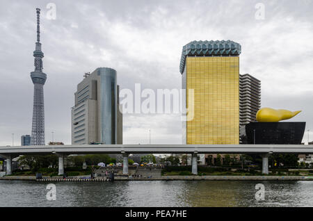 Edifici iconici come visto dal Parco Sumida, attraverso il Fiume Sumida. Tali edifici sono Asahi HQ e Torre del quartiere Sumida Office e Tokyo Skytree. Foto Stock