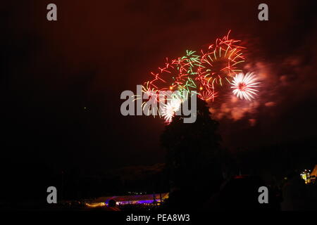 Fuochi d'artificio a Bristol Balloon Fiesta a Ashton Court, su una betulla. Agosto, 2018. Foto Stock