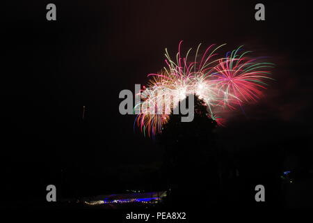 Fuochi d'artificio a Bristol Balloon Fiesta a Ashton Court, su una betulla. Agosto, 2018. Foto Stock