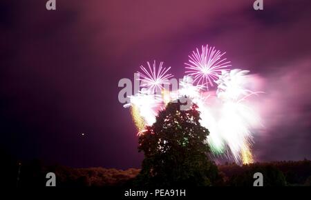 Fuochi d'artificio a Bristol Balloon Fiesta a Ashton Court, su una betulla. Agosto, 2018. Foto Stock