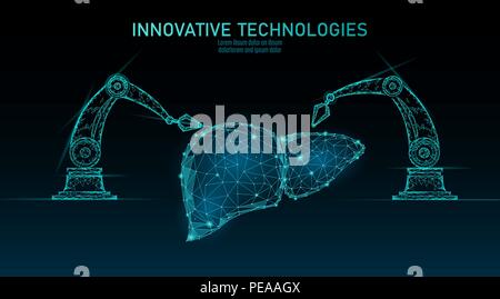 Robotica chirurgia del fegato basso poli. Epatite poligonale procedura chirurgica. Il braccio di robot manipolatore. Moderna medicina innovativa scienza tecnologia di automazione. Triangolo 3D render forma illustrazione vettoriale Illustrazione Vettoriale