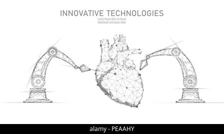 Un intervento di cardiochirurgia robotizzata bassa poli. Cardiologia poligonale procedura chirurgica. Il braccio di robot manipolatore. Moderna medicina innovativa scienza tecnologia di automazione. Triangolo 3D render forma illustrazione vettoriale Illustrazione Vettoriale