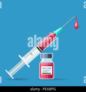 La malattia di una siringa. Siringhe medicali inoculazione illustrazione vettoriale, iniezione di vaccino medicamento isolato su sfondo blu Illustrazione Vettoriale