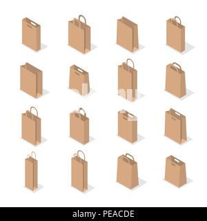 Insieme di diversi sacchi di carta isolato su sfondo bianco. Elemento di progettazione del pacchetto. Appartamento 3D isometrica stile, illustrazione vettoriale. Illustrazione Vettoriale