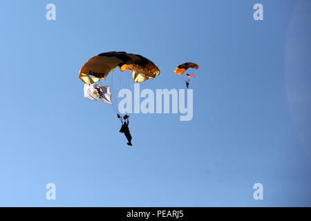 Stati Uniti Il personale dell'esercito Sgt. David Echeverry, sinistra e Sgt. Luca Olk, membri dell'U.S. Army Parachute Team, 'Cavalieri d'Oro", volare l'Illinois flag di stato e la bandiera degli Stati Uniti durante la preparazione a terra su Soldier Field a Chicago, come parte della Salute al gioco di servizio tra i Chicago Bears e Denver Broncos su nov. 22. La dimostrazione è stata in aggiunta a più di 100 elementi di servizio che vi hanno partecipato il riconoscimento per onorare i veterani per il loro servizio. Lt. Gen. Thomas Spoehr, Direttore Ufficio dell'esercito di trasformazione aziendale, Ufficio del sotto segretario dell'esercito, è stato il senior l Foto Stock