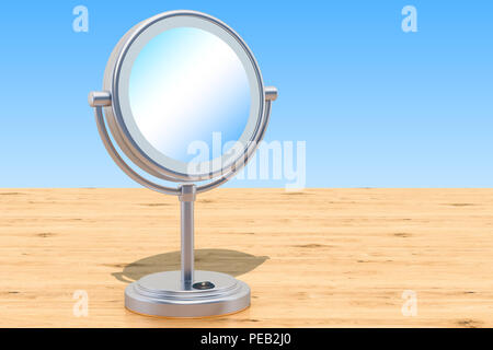Illuminato a LED specchio piano tavolo specchio con ingrandimento sul tavolo di legno, rendering 3D Foto Stock