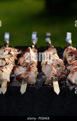 Close up di maiale (kebab spiedini) su spiedini a barbecue Foto Stock