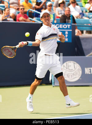 Mason, Ohio, Stati Uniti d'America. Agosto 13, 2018: Kei Nishikori (JPN) colpisce la palla alla Andrey Rublev (RUS) a sud occidentali in aperto Brent Clark/Alamy Live News Foto Stock