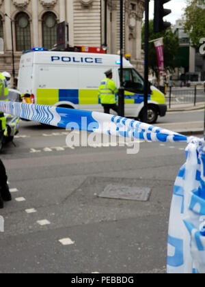 Westminster. Londra. Regno Unito 14 agosto 2018 - la polizia sono visti in Westminster dopo una vettura si è schiantato in barriere di sicurezza nella parte anteriore della Camera dei Lords. Tre i pedoni sono feriti e portato in ospedale. Il driver dal Midlands è stato arrestato. Roamwithrakhee credito /Alamy Live News Foto Stock