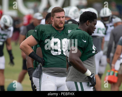 Landover, Stati Uniti d'America. 13 Ago, 2018. New York getti difensivo fine Henry Anderson (96)guarda come il suo team partecipa a una formazione comune pratica di camp con Washington Redskins a Washington Redskins Bon Secours Training Facility a Richmond, Virginia, Lunedì 13 Agosto, 2018. Credito: Ron Sachs/CNP (restrizione: NO New York o New Jersey o giornali quotidiani nel raggio di 75 miglia da New York City) | utilizzo del credito in tutto il mondo: dpa/Alamy Live News Foto Stock