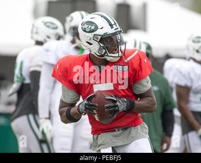 Landover, Stati Uniti d'America. 13 Ago, 2018. New York getti quarterback Teddy Bridgewater (5) guarda per un ricevitore come egli partecipa a una formazione comune pratica di camp con Washington Redskins a Washington Redskins Bon Secours Training Facility a Richmond, Virginia, Lunedì 13 Agosto, 2018. Credito: Ron Sachs/CNP (restrizione: NO New York o New Jersey o giornali quotidiani nel raggio di 75 miglia da New York City) | utilizzo del credito in tutto il mondo: dpa/Alamy Live News Foto Stock