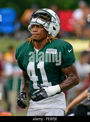 Landover, Stati Uniti d'America. 13 Ago, 2018. New York getti defensive back Buster Skrine (41) partecipa a una formazione comune pratica di camp con Washington Redskins a Washington Redskins Bon Secours Training Facility a Richmond, Virginia, Lunedì 13 Agosto, 2018. Credito: Ron Sachs/CNP (restrizione: NO New York o New Jersey o giornali quotidiani nel raggio di 75 miglia da New York City) | utilizzo del credito in tutto il mondo: dpa/Alamy Live News Foto Stock