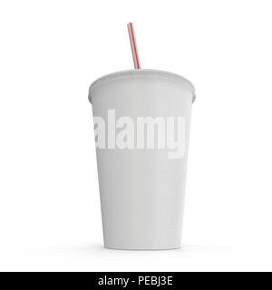 Soft drink bicchiere di carta con paglia sul bianco. 3D illustrazione Foto Stock
