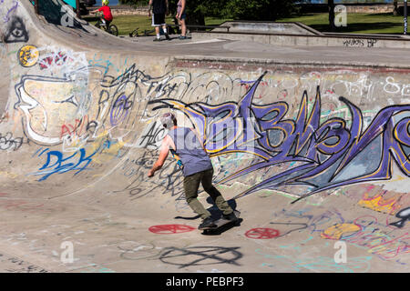 Giovane uomo lo skateboard in riva al fiume Fiume cantiere Skateboard Bowl, grande caduta, Montana, USA Foto Stock