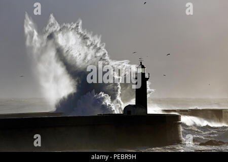 Drammatica retroilluminato grande onda oltre il faro Foto Stock