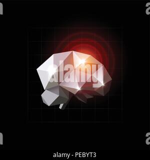 Cervello illustrazione vettoriale. Fonte di dolore, cefalea, disegno poligonale. Malattia del cervello, lowpoly icona. Cerchi rossi sulla azzuro cervello. Neurone impulso, modello di logo. Illustrazione Vettoriale