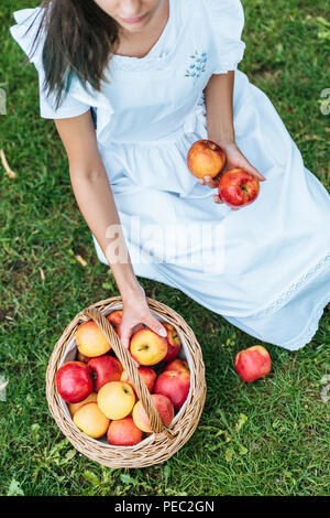 Angolo di alta vista della ragazza con fresche mele raccolte nel cesto di vimini seduto sull'erba Foto Stock