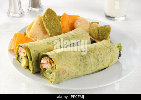 Pollo arrosto avvolto in tortillas con verdure fresche Foto Stock