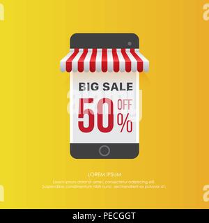 Vivid banner con display dello smartphone per promuovere vendite vig in 50% off sotto la tenda a strisce su sfondo giallo Illustrazione Vettoriale