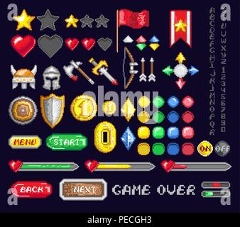 Colorato set di icone di pixel per il design del gioco e interfaccia su sfondo blu scuro Illustrazione Vettoriale