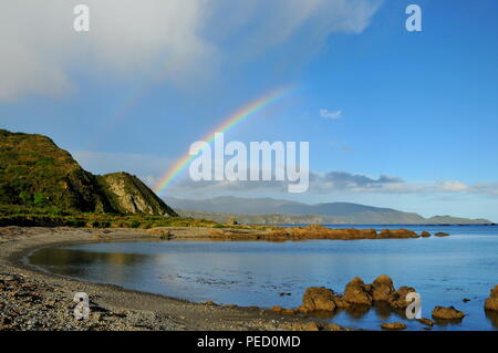 Guardando ad est dal punto di Moa dall aeroporto di Wellington, sopra una baia senza nome alla testa Turakirae e lo Stretto di Cook Foto Stock