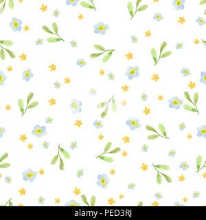 Modello senza soluzione di continuità con il blu, fiori d'arancio e verde con foglie su un ramo su uno sfondo bianco. Ciò è fatto con l'aiuto di acquerelli. È possibile utilizzare Foto Stock