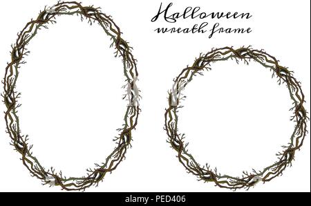 Halloween rotondo e ovale rami frame. Corona di fiori per invito, biglietto di auguri, design pattern, decorazione, tessile, pubblicità. Vintage, gotico, Halloween, magia, Ottobre, Novembre. Illustrazione Vettoriale