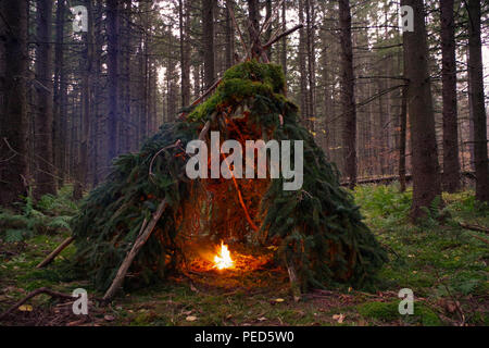 Primitivo Wikiup Bushcraft / Teepee rifugio di sopravvivenza con il fuoco all'interno. Questa tradizionale abete rosso fronda campeggio si trova in una foresta deserto Foto Stock