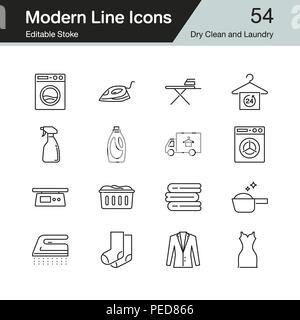 Pulire a secco e servizio lavanderia icone. Moderno design linea insieme 54. Per la presentazione, la progettazione grafica, l'applicazione mobile, web design, infographics. Strok modificabile Illustrazione Vettoriale