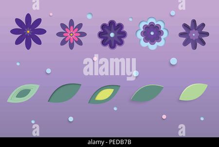 Set di fiori e foglie isolate. Carta tagliata fuori stile. Ultra Violet le palette di colori. Elementi di progettazione grafica. Illustrazione Vettoriale. Illustrazione Vettoriale