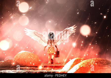 Little Angel's Adventure nella notte stellata,3d illustrazione sfondo concettuale Foto Stock