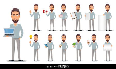 Business man in abiti casual. Imprenditore personaggio dei fumetti, set di tredici pone. Illustrazione Vettoriale su sfondo bianco Illustrazione Vettoriale