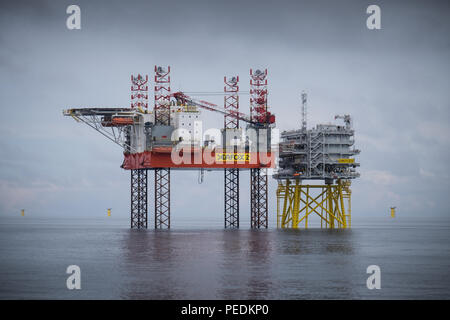 Seafox 2 sollevato in posizione adiacente al Walney estensione Z03 sottostazione elettrica durante la fase di costruzione del Walney Estensione del parco eolico offshore nel Mare d'Irlanda Foto Stock