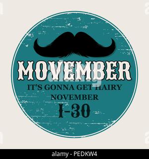 Baffi Movember Poster. Rotondo o cerchio adesivo per novembre sfida. Silhouette nera e scritte con Word Movember. Cinco de Mayo i baffi per barbiere Logo o i baffi Carnevale Illustrazione Vettoriale