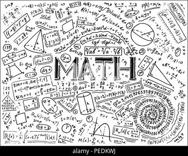 Scientific formule e calcoli in fisica e matematica sulla lavagna. La lezione di algebra e geometria nella scuola. Educazione e scienza. incisi disegnati a mano nel vecchio disegno e stile vintage. Illustrazione Vettoriale