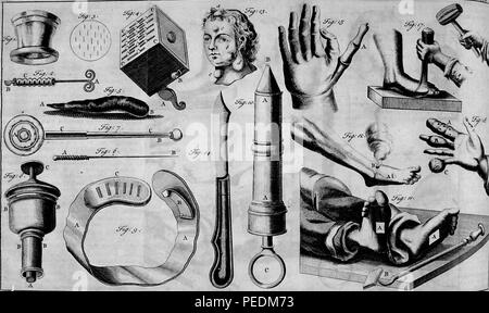 Bianco e nero immagine raffigurante i vari strumenti utilizzati per amputare arti, dal volume "Istituzioni de Chirurgie' (Istituzioni di Chirurgia) scritto da Lorenz Heister e Francois Paul, e pubblicato in Avignon alla JJ Niel, 1770. La cortesia Internet Archive. () Foto Stock