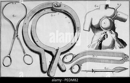 In bianco e nero di illustrazione, raffiguranti i vari strumenti utilizzati in chirurgia toracica, dal volume "Istituzioni de Chirurgie' (Istituzioni di Chirurgia) scritto da Lorenz Heister e Francois Paul, e pubblicato in Avignon alla JJ Niel, 1825. La cortesia Internet Archive. () Foto Stock