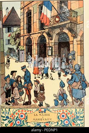 Stampa colorata che mostra una scena in Masevaux, una città nel nord-est della Francia, con una grande bandiera francese appeso ad un balcone sopra l'ingresso del Municipio e con i soldati e i cittadini adulti e bambini, felicemente a chiacchierare con ogni altro in strada, 1918. La cortesia Internet Archive. () Foto Stock