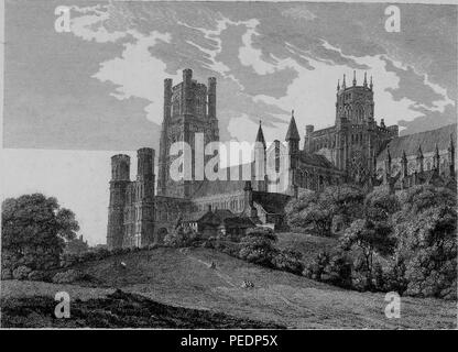 Stampa in bianco e nero che mostra un angolo di visualizzazione della facciata esterna di 'Cattedrale di Ely, ' un stile romanico e gotico cattedrale anglicana si trova nella città di Ely, Cambridgeshire, Inghilterra, con dolci colline e gli alberi in primo piano, inciso da William Byrne dopo un disegno da Hearne T, 1825. La cortesia Internet Archive. () Foto Stock