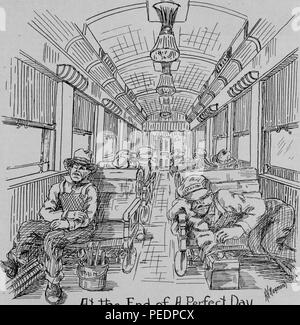 Stampa in bianco e nero raffiguranti esaurito lavoratori, compresi un pittore e un meccanico in primo piano, dormire nelle loro sedi mentre il pendolarismo home sulla linea di Philadelphia il numero di treno 67, illustrato da HH Raymond e didascalie " alla fine di una giornata perfetta, ' pubblicato nel volume "Baltimora e Ohio dipendenti magazine', 1912. La cortesia Internet Archive. () Foto Stock