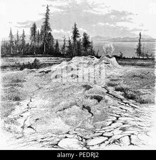 Bianco e nero stampa vintage che illustra una vista di un geyser di fango nel fango area del vulcano, situato nel Parco Nazionale di Yellowstone, spanning degli stati del Wyoming, Montana e Idaho negli Stati Uniti, pubblicato in William Cullen Bryant modificati del volume "pittoresco America; o, la terra in cui viviamo", 1872. La cortesia Internet Archive. () Foto Stock