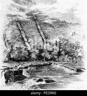 Bianco e nero stampa vintage raffigurante una coppia di uomini la navigazione loro longboat o in canoa attraverso il Great Falls Rapids, situato sul fiume di nuovo in Virginia, Stati Uniti d'America, pubblicato in William Cullen Bryant modificati del volume "pittoresco America; o, la terra in cui viviamo", 1872. La cortesia Internet Archive. () Foto Stock