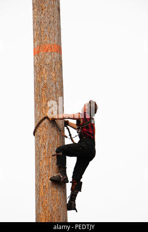 Un taglialegna gare su un palo in un concorso Foto Stock